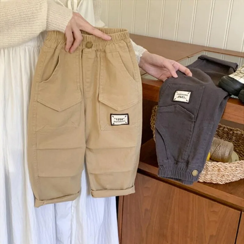 Spring Autumn Boys Retro Pocket Dungarees Loose Pants Children Casual Pants Solid Boy Kids Fashion Trousers Toddler Pants 2-8Yrs