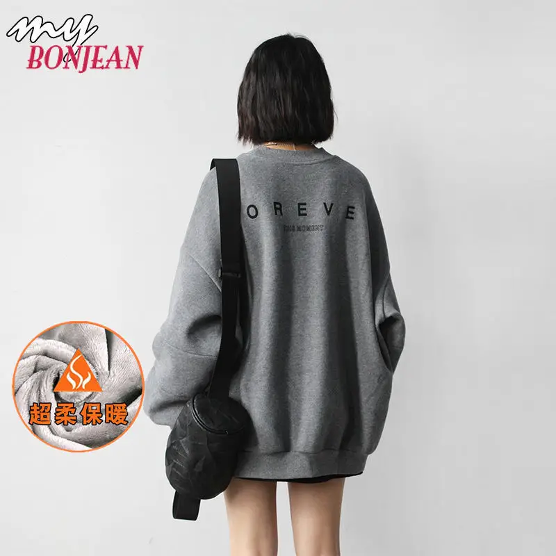 2021 Women Plus Size Fleece Cartoon Pullover Thick Korean Loose Embroidery Women Streetwear Women Kawaii Clothes Sweatshirt