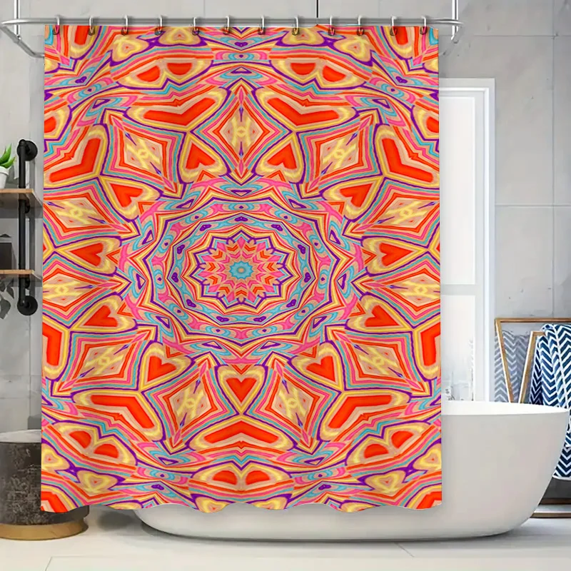 Vibrant Mandala Shower Curtain Bathroom Decor with Heart Patterns in Orange and Blue Colors, Polyester Waterproof Fabric for Hom