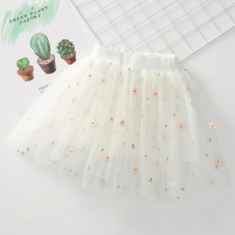 2024 Summer New Infant Girls Floral Embroidered Mesh Tutu Skirt Kids Faldas Soft Tulle Miniskirt for Girls Dance Skirt 2-8T