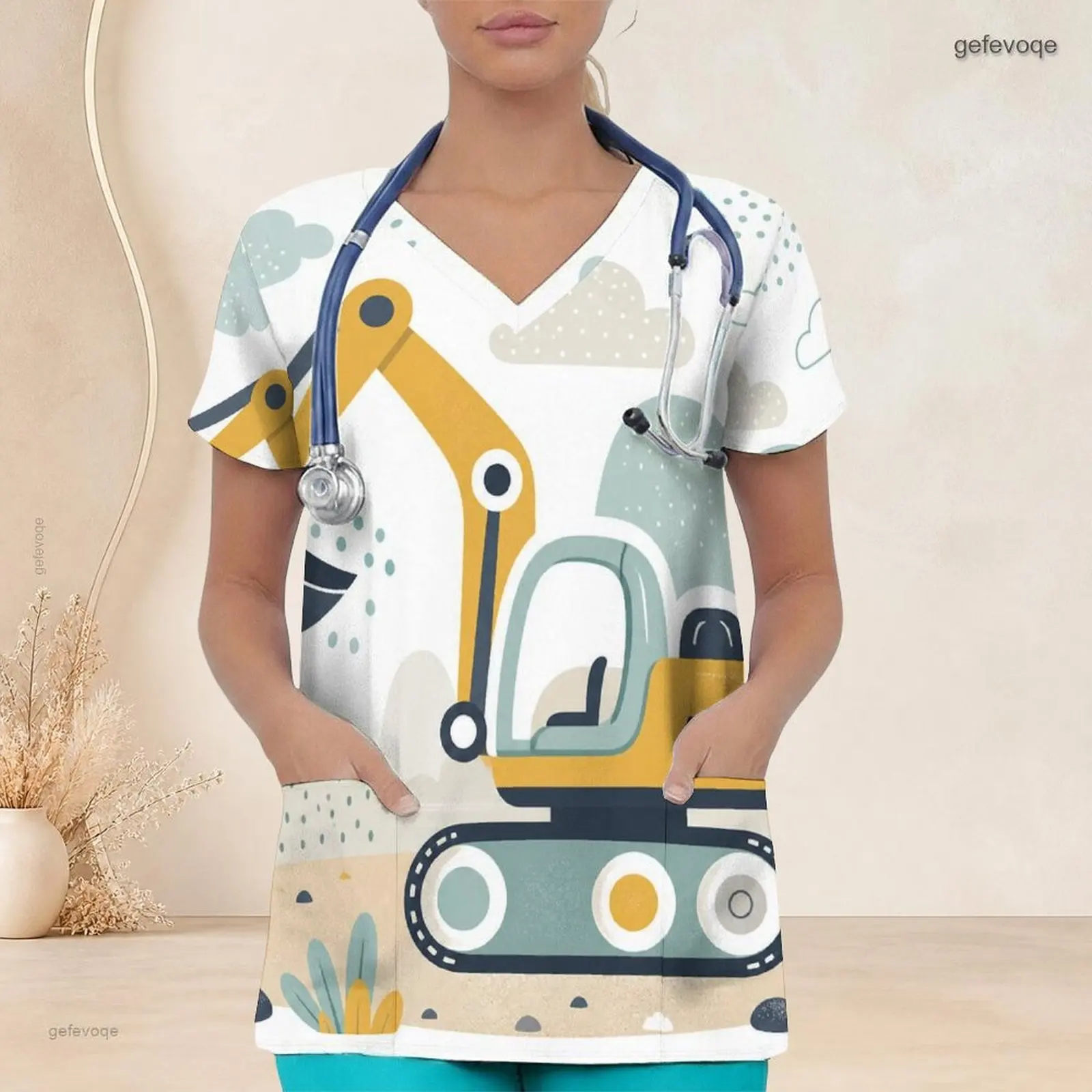 Women Vintage Motorcycle Printed V Neck Short Sleeve Scrub Top with Front Pockets