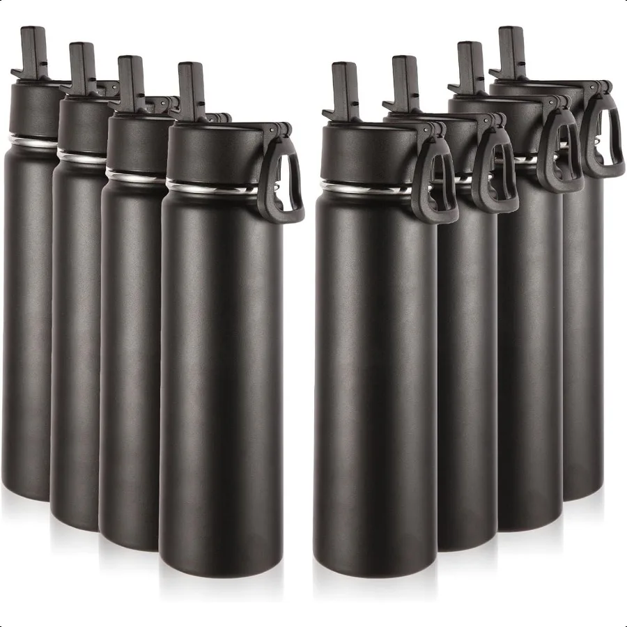 

8 Pack 24oz Insulated Water Bottles with Straw Handle Lid Double Wall Keep Cold Powder Coated Metal Wide Mouth Sport Bottle Bla