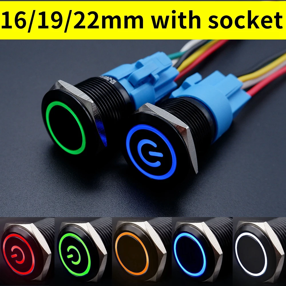 16/19/22mm Black Push Button Switch Waterproof Illuminated Metal Momentary Latching Fixed On Off Power Switch Backlit LED 3V 12V