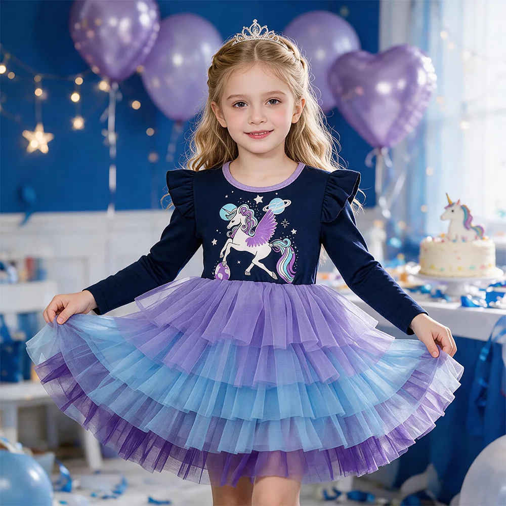 Mädchen Einhorn-Galaxie-Print Geburtstagsparty Prinzessinnen-Tutu-Kleid Kinder Langarm Herbst Mehrschichtiges Ombre-Tüll Marineblaues Kleid – Detail 2