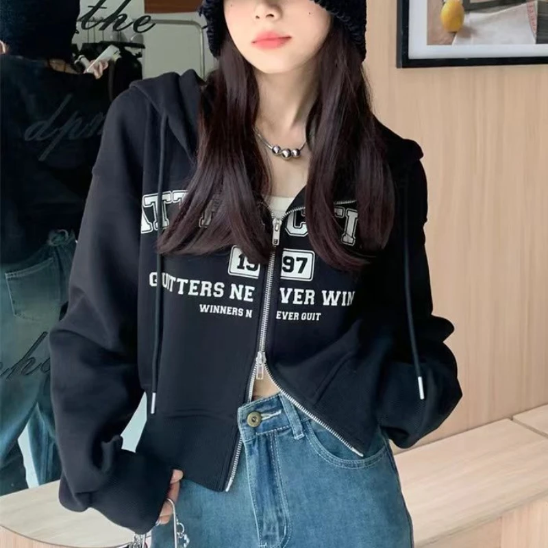 Letter Jackets Women Vintage American Streetwear Chic Preppy Hooded Zip-up Clothes Crop Teens Hipster Fashion Chaqueta Temper