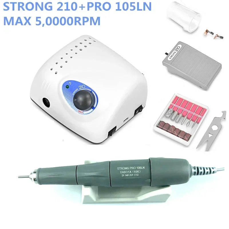 2024 New Arrival STRONG 210 PRO 105 105L Handpiece 65W 45000/500000rpm Nail Drills Manicure Machine Pedicure Electric File Bits