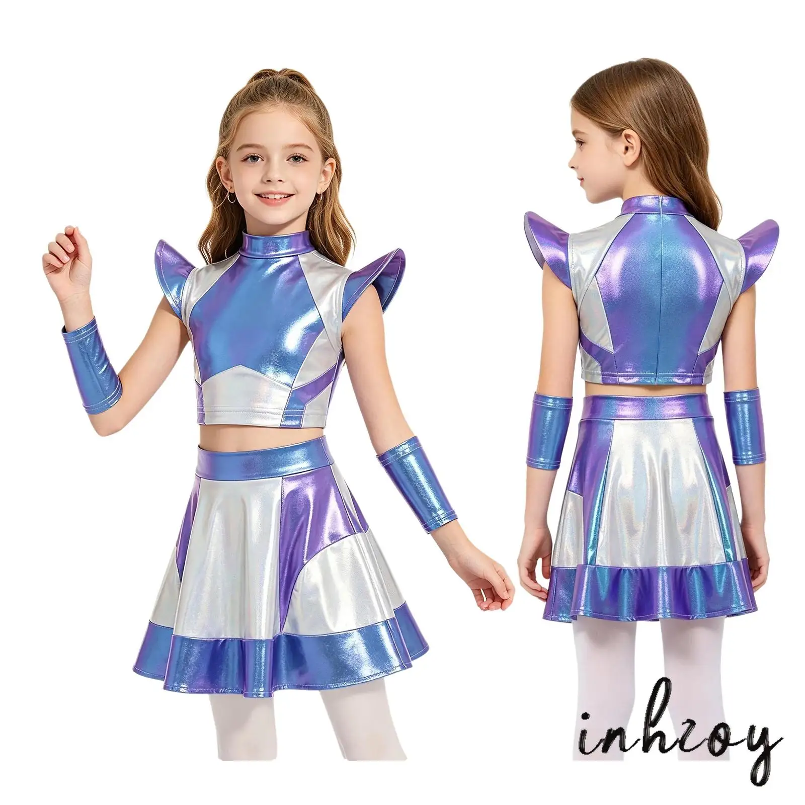 

Girls 3 Pieces Halloween Alien Cosplay Costume Outer Space Cutie Outfit Cap Glossy Metallic Short Top And Skirt with Oversleeves