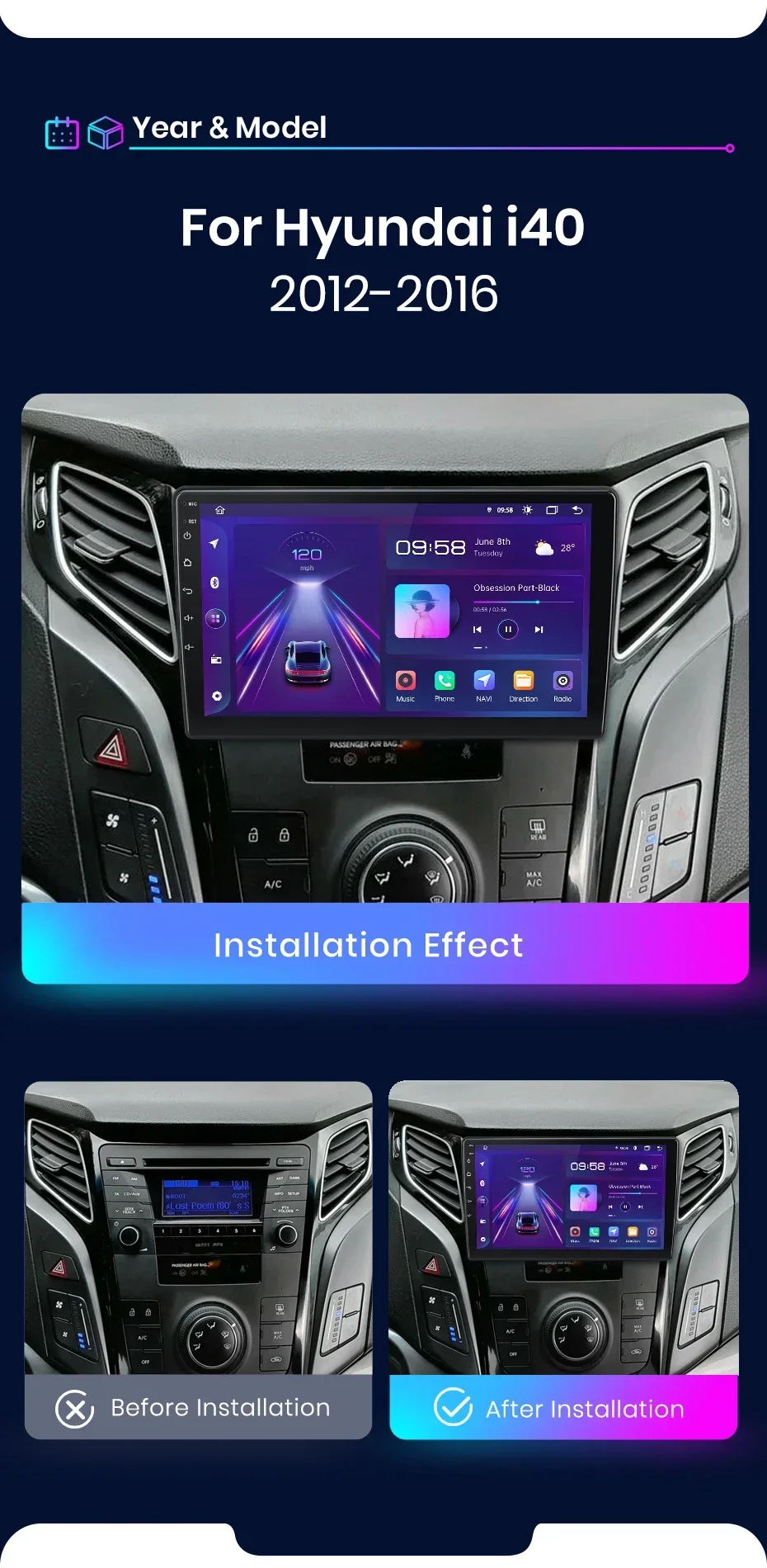 Junsun drahtloses Carplay Android Autoradio für Hyundai i40 2012-2015 2015 Auto intelligente Systeme rds bt dsp 2 din Autoradio – Detail 3