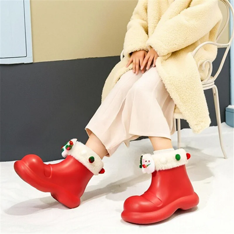 Christmas Red Waterproof Boots Woman Winter Plush Warm Snow Boots For Women Platform Non-Slip Women Rain Boots botas de lluvia