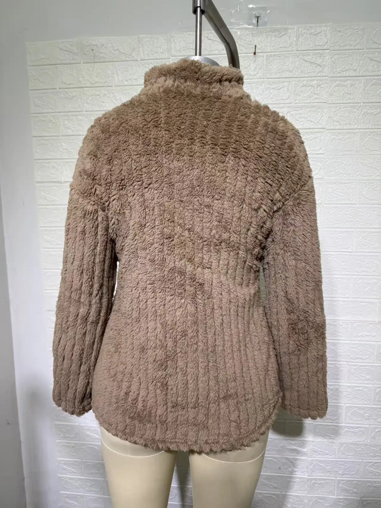 Women's Autumn Winter Turn Collar Ribbed Fleece-lined Warm Zip-up Long-sleeved Sweatshirt
