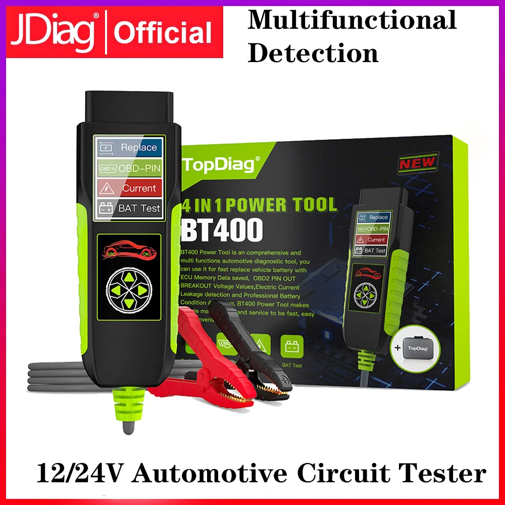 Topdiag BT400 Car Battery Tester Automotive OBD Scan 12V/24V 20-2000 CCA Battery Analyzer Load Test Auto Cranking Charging Tool