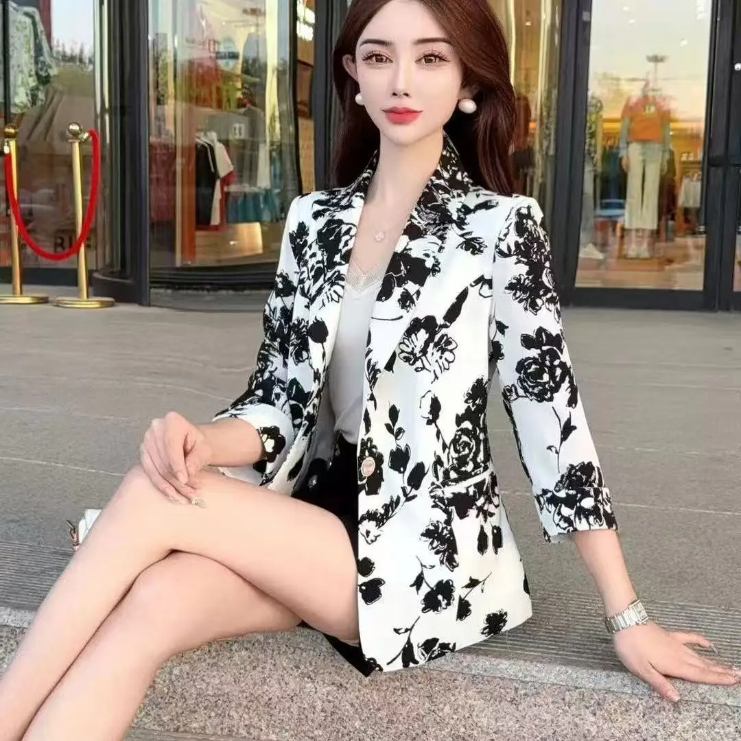 

Slim Fit ort Length Printed Jaet Women's Spring Summer New Sle Thin Waist Cinching Seven Sve Suit Top