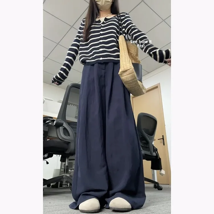 Casual losse damespakbroek hoge taille geplooide afslankende wijde pijpen Koreaanse Sle blauwe casual losse comfortabele broek