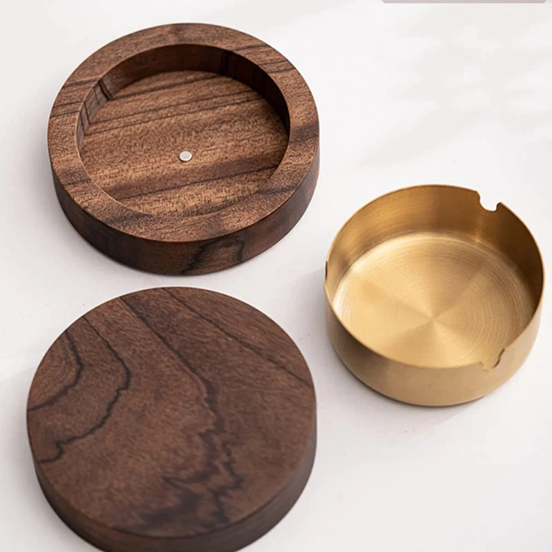 Creative Wood Ashtrays With Lid Covered Windproof Ashtray With Stainless Steel Liner Indoor Outdoor Ash Tray For Home