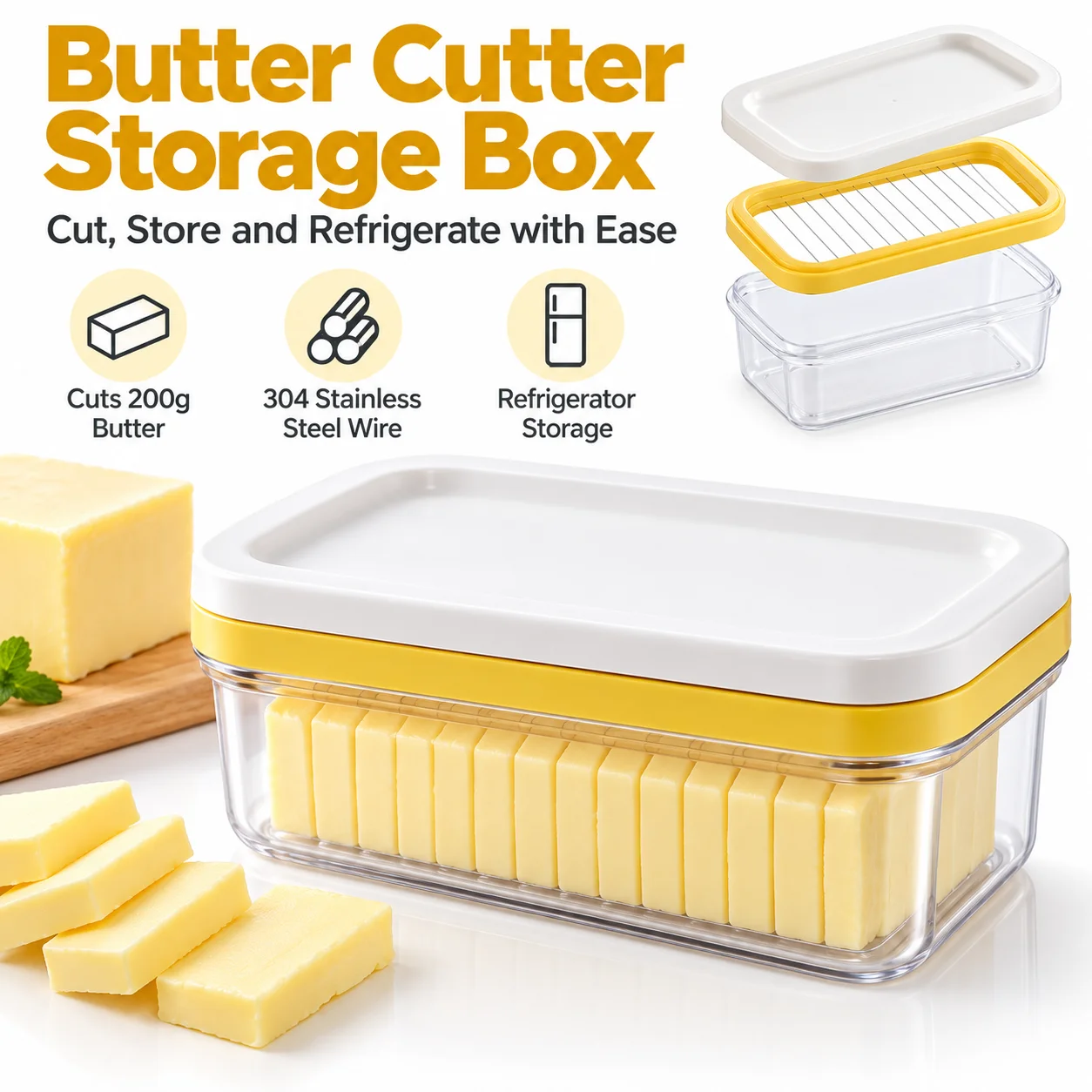 Uwhise Stainless Steel Butter Slicer Cutting Box Transparent Cheese Storage Keeper Uniform Portions For Fridge Kitchen Tool