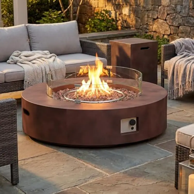 2-Piece Modern Round Propane Fire Table Set with 40.5-Inch Low-Profile Burner Bowl, 50000 BTU Stainless Steel Burner, Dark Bronz