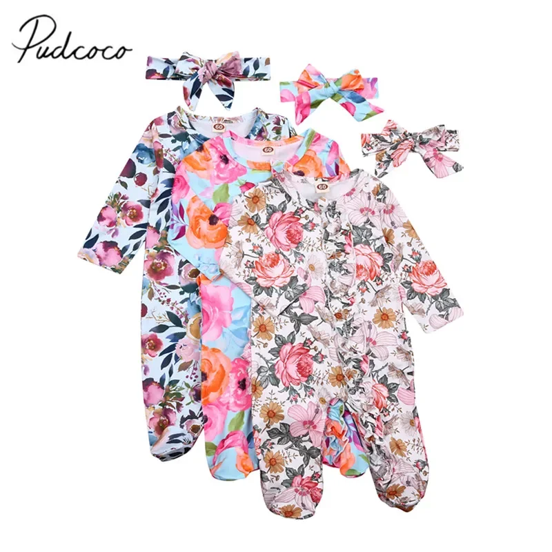 

Floral Newborn Baby Girl Footed Playsuit with Headband - Long Sleeve Jumpsuit