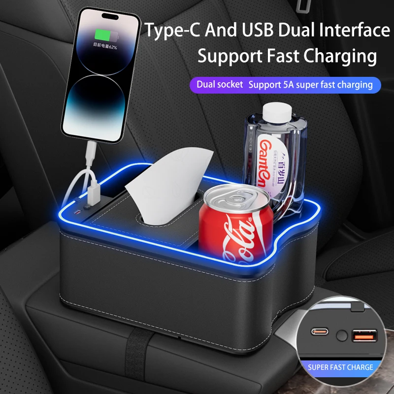 Car Armrest Storage Box Holder 7 Colours Changing LED Car Armrests Organizer Box With Type-C USB Charger Car Accessories