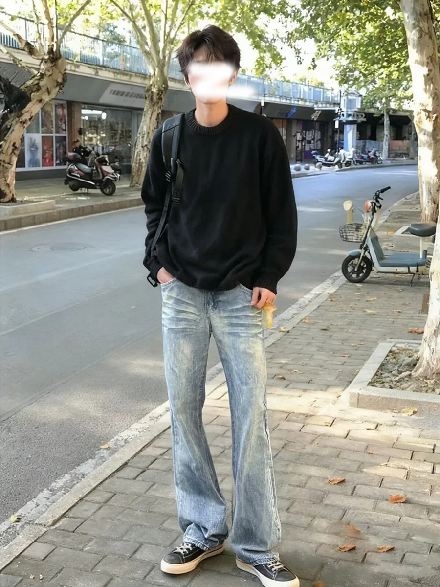 

American Retro Blue Bamboo Section Straight Leg Jeans Men High Street Loose Flared Long Pants Cool And Haome