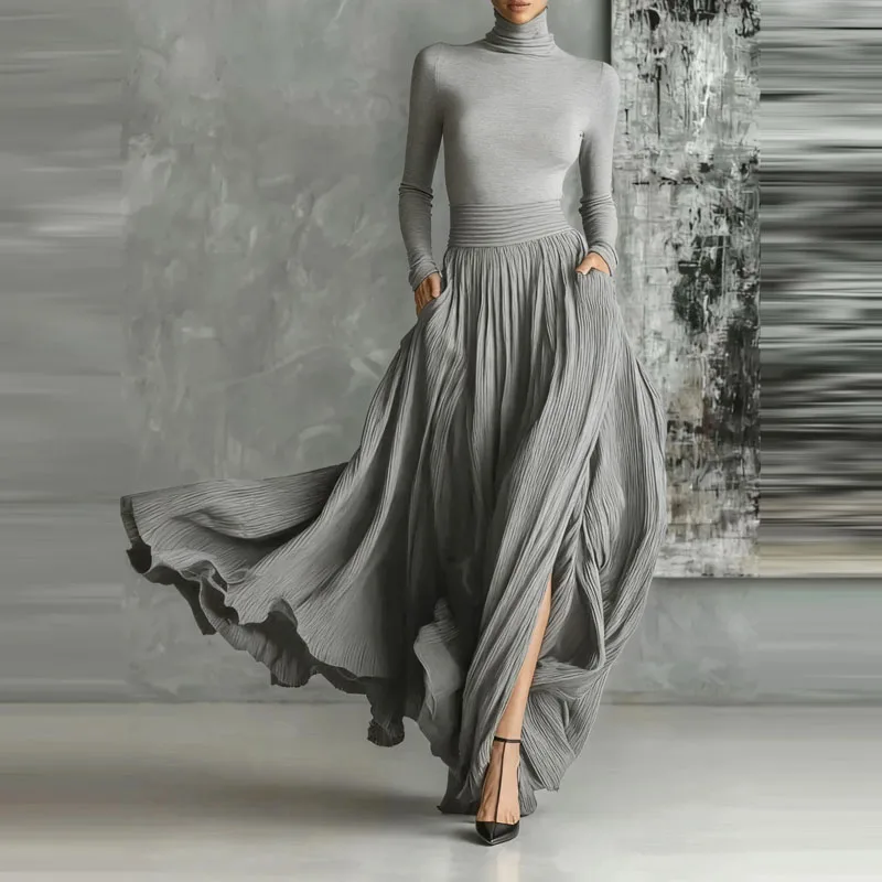 Causale Lange Mouw Gedrapeerde Lange Rok Pak Vrouwen Elegante Pocket Solid 2Pc Set Mode Coltrui Lange Mouw Top + rok Outfits