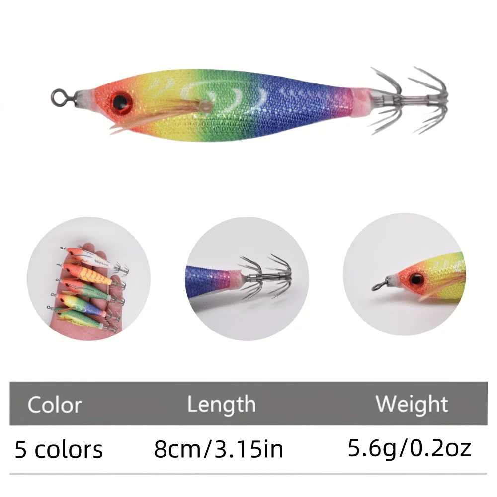 5 Stück Leuchtende Tintenfisch-Jigs Angelköder Künstliche Oktopus-Köder Holz-Garnelen Tintenfisch-Hartköder Meeresköder Angelzubehör – Detail 5