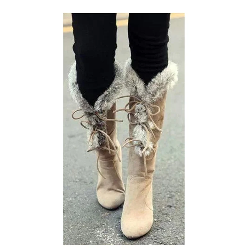 

White Fur Lace Up Fleece Boots Knee High Thin High Heel Fashionable Sexy 2024 Winter Big Size Woman Shoes Zapatillas Mujer