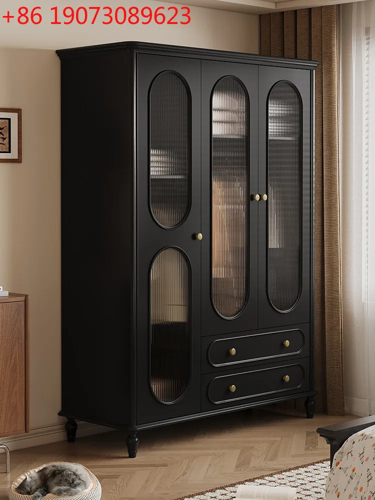 

French Solid Wood Wardrobe Bedroom Home Simple Storage Cabinet Vintage Style with Drawers Three Door Black Wardrobe
