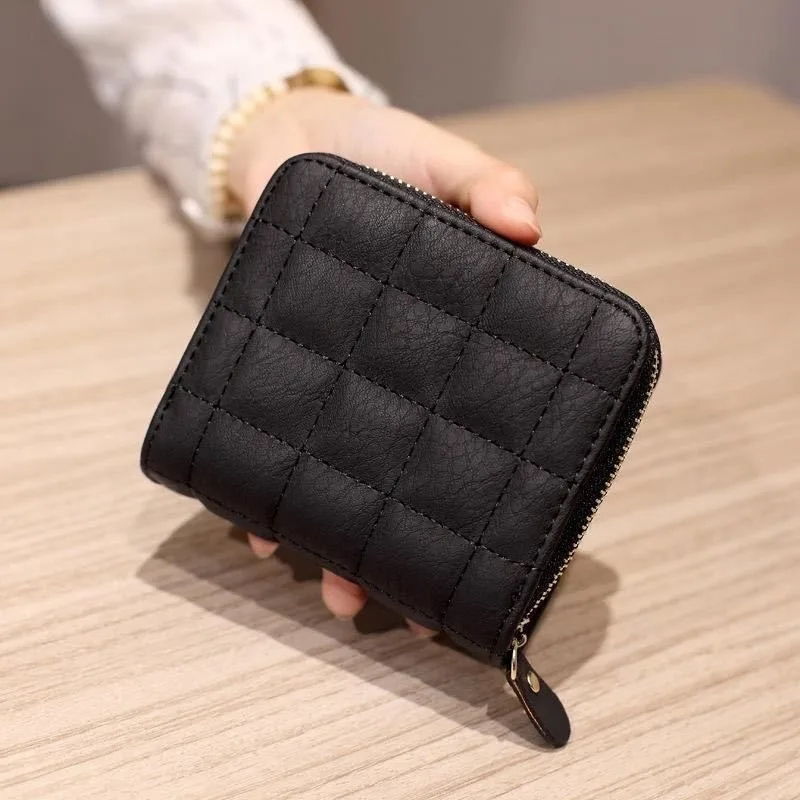 Women Fashion Zipper Small Wallet Coin Short  Purse PU Leather Plaid Purses Ladies Cute Mini Students Pocket Small Card Pack New