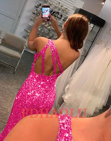 Vestido de fiesta largo de sirena para mujer, vestido de noche formal de lentejuelas con espalda descubierta y un hombro, con abertura RU163