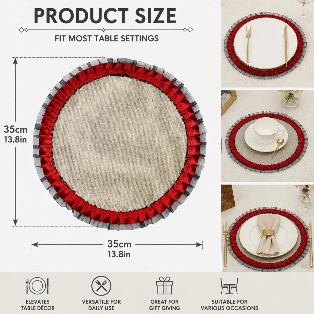 Red and black contrast double ruffled placemats American country style jute woven plate insulation pad home dining table plate