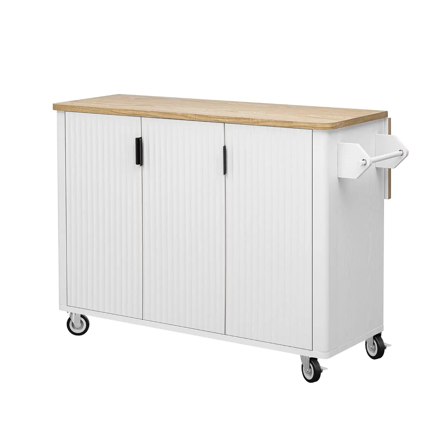 Fluted Kitchen Island with Drop Leaf, Wheels, Storage, White Ash, Customized