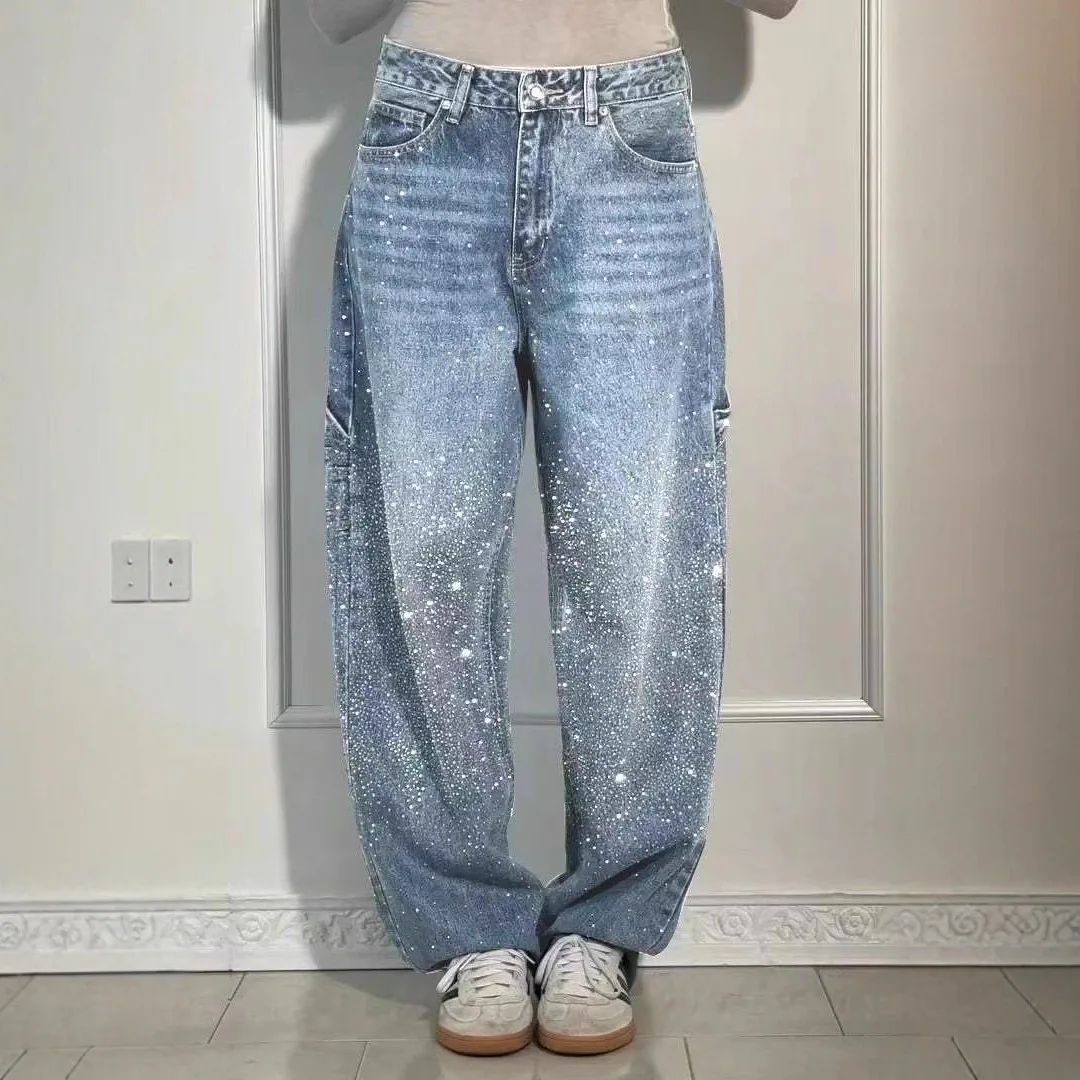 Women's long pants European and American fashion star studded jeans women's casual pants loose straight leg pants