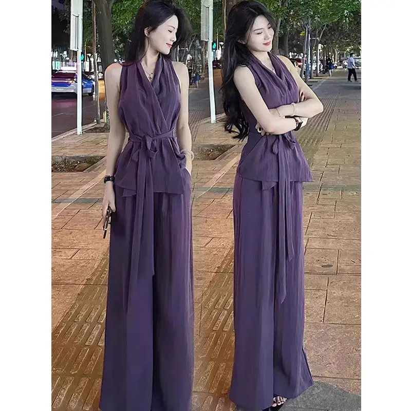 Purple Fashion Temperament Set Spring and Summer Korean Version Hanging Neck Top Casual Wide Leg Pants Two-piece Set