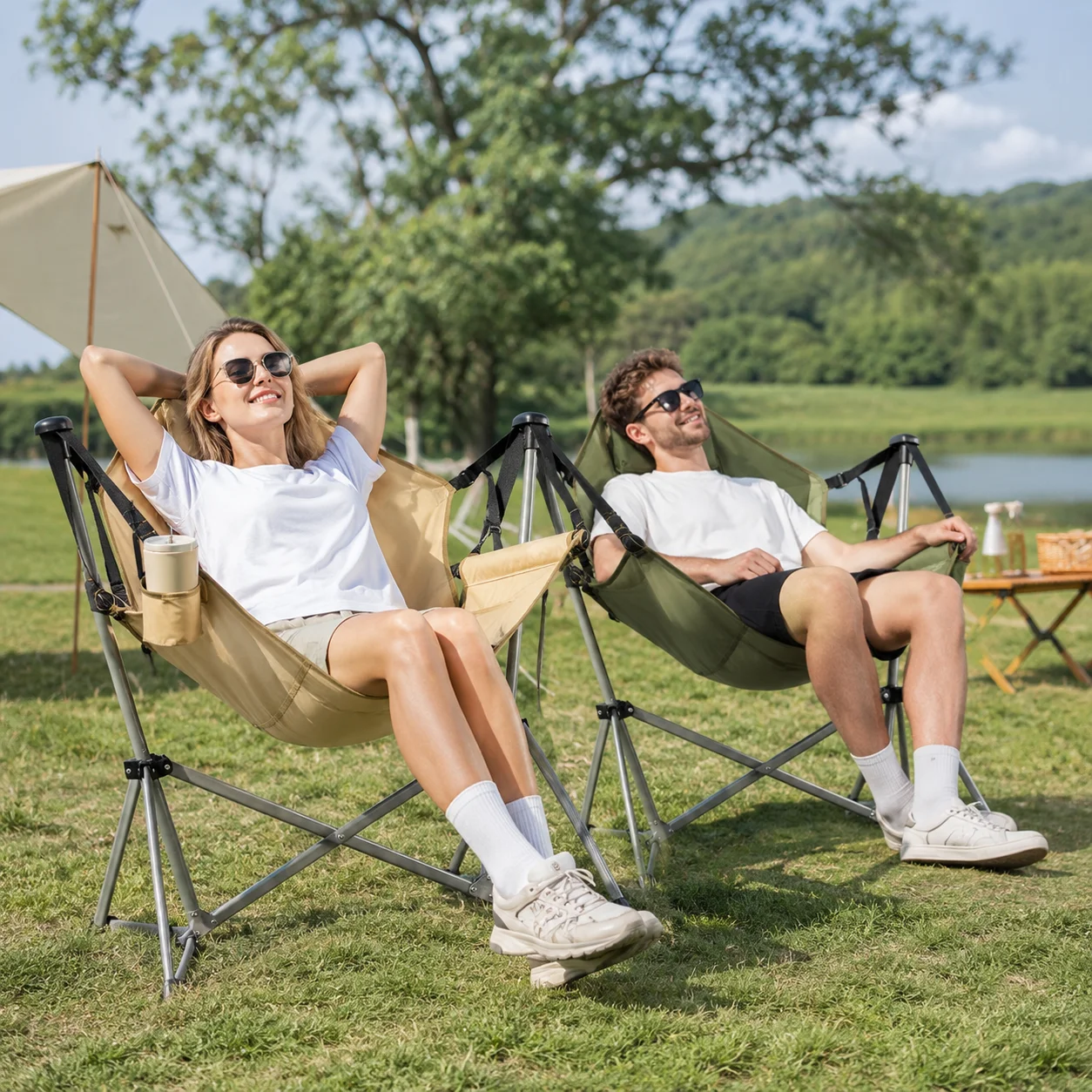 Folding Rocking Chair Camping Hanging Headrest Side Pouch Outdoor Furniture Fishing Chair
