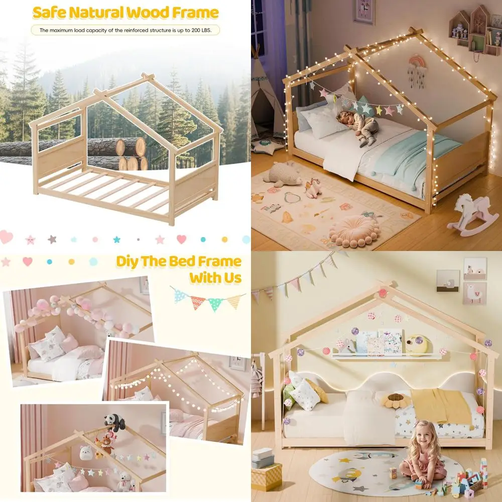 

Natural Solid Wood Twin Bed for Toddlers and Teens, No Box Spring Required, with Board and Footboard