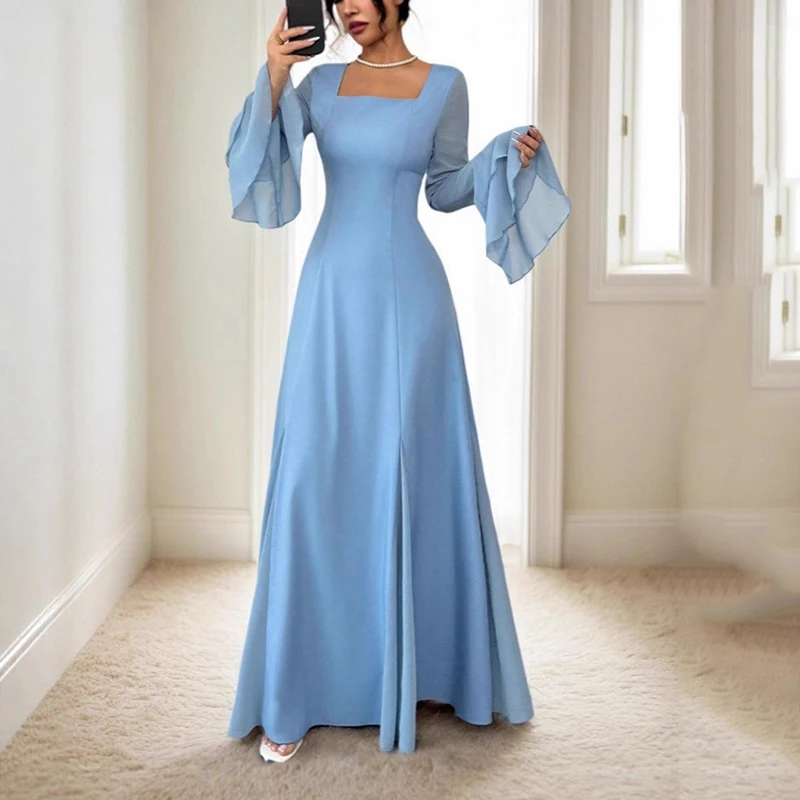 

Spring Solid Ruffle Big Swing Dresses Spring Women Square Neckline Long Sleeve Dress Autumn High Waist Zipper Knee Length Dress