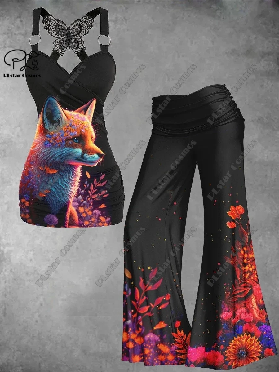 2023 new 3D printing owl fox moon dreamcatcher pattern female butterfly vest + wide-leg pants two-piece set