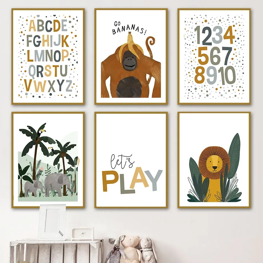 

Nordic Wall Art Canvas Jungle-Themed Poster with Elephant Lion Orangutan Rainbow Numbers Ideal Kids Room Decor