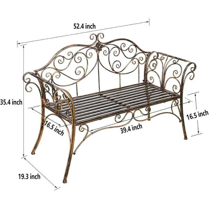 Banc de jardin en métal bronze e, chaise 2 places pour jardin, cour, véranda et véranda