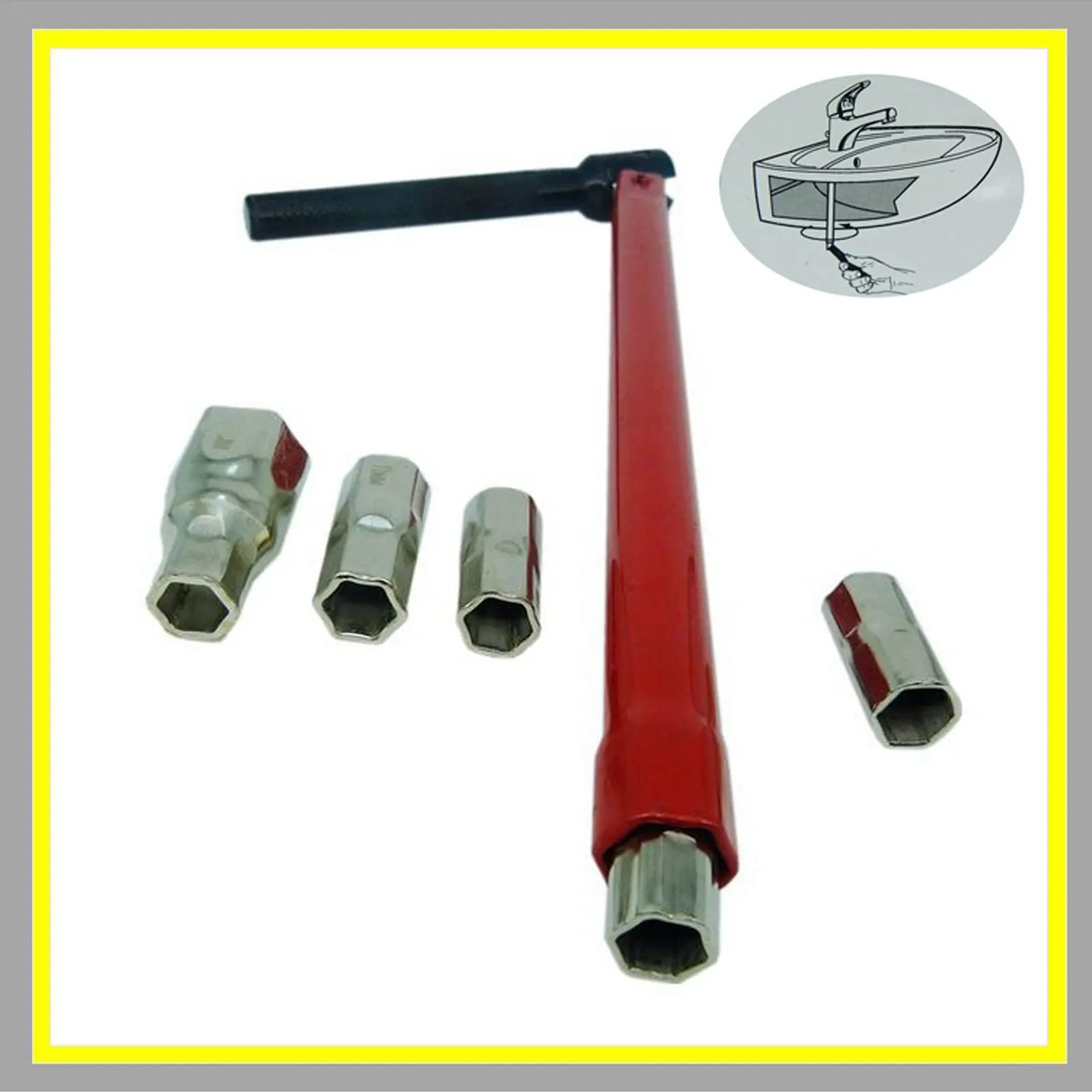 Carbon Steel Plumber Socket Wrench, Faucet Wrench com 5 Sockets e 1 Chuck, Tap Installation Tool, Back Nut, Sink Basin