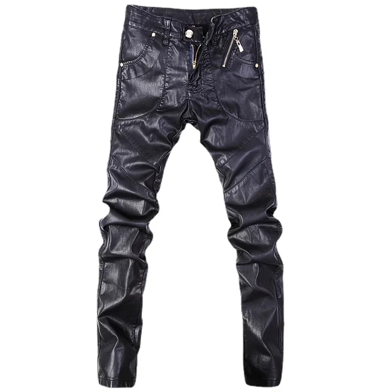 الخريف والشتاء الرجال الكورية السراويل الجلدية عادية سليم بنطال ملاصق للجسم سستة تصميم الربط السراويل الجلدية #2