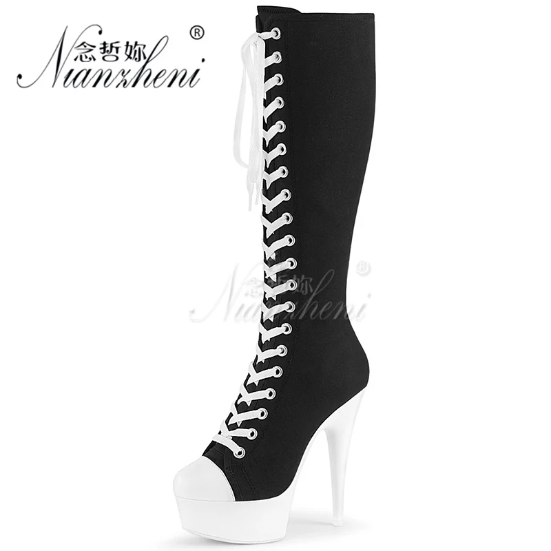Retro Pole Dance Mid-Calf Lace Up 20cm Lace Up Thin Heels Platform 8Inch Round Toe Knee Boots Big Size 15cm Gladiator Women Shoe
