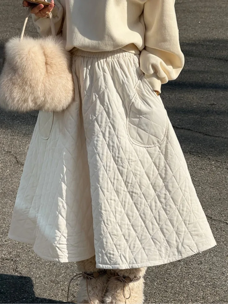 Saia retrô de cintura alta evasê para mulheres algodão comprimento f outono inverno emagrecimento saia grande com padrão de diamante guarda-chuva Skir...