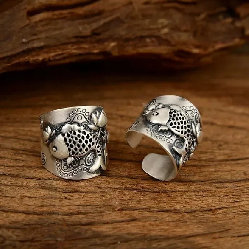 New Vintage Forest Series Carp and Lotus Ring for Women, Simple and Fashionable Thai Silver with Old Patterns, Trendy Open Ring