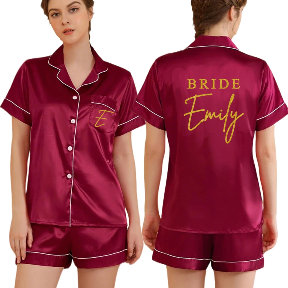

Personalized Name Date Women Satin Pajamas Set Luxurious Short Sleeve Button Top & Shorts Sleepwear & Loungewear Nightwear