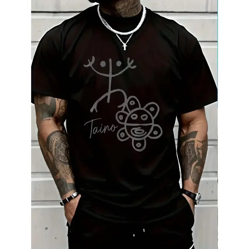 Men's Relaxed-Fit Short-Sleeve Round Neck T-Shirt - Taino Sun Coqui Puerto Rican Boricua Pride Graphic Print, Breathable Fabric, Reinforced Stitch, Machine Washable Menswear Classic Casual Wear Summer Top