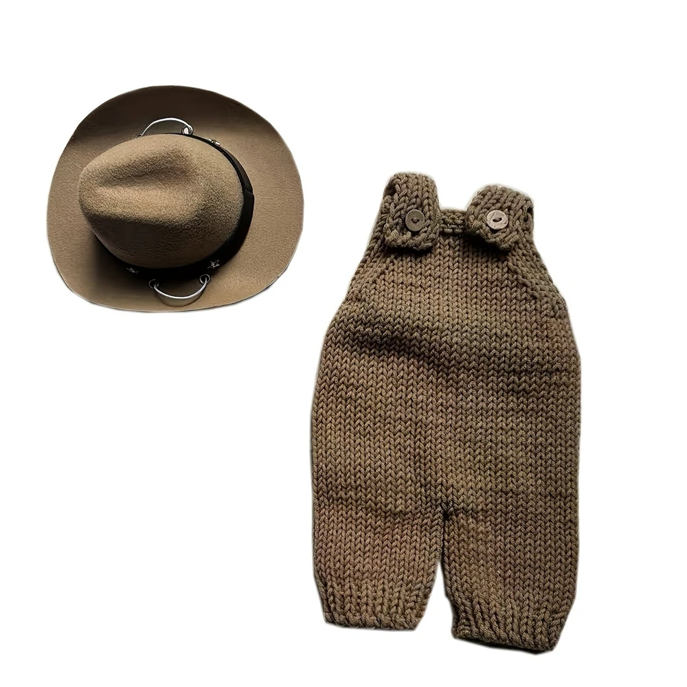 Newborn Photography Outfit Set Baby Cowboy Costume Knitted Suspender Pants Hat Western Theme Newborn Photoshoot Studio Props