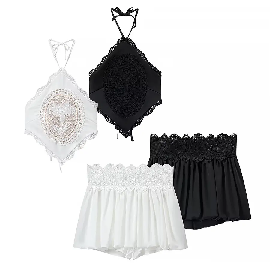 Women's Fashion Comfortable Casual Holiday Lace Backless Hanging Neck Set Two-Piece Suit Student Work Uniform