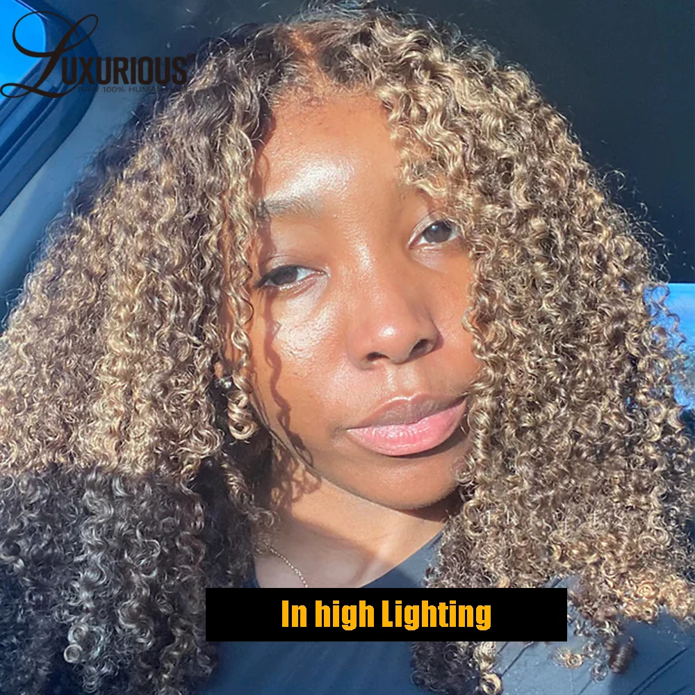 Highlight Ombre Honey Blonde Human Hair Wig With 4c Edges 13x4 Bouncy Curly Lace Front Wig Afro Curly Wig 250 Density