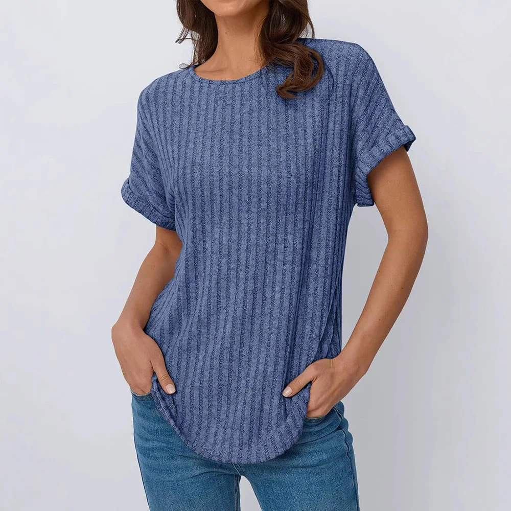

2025 Summer Top for Female Pullover Vertical Strip Fashion Comfortable Casual O-Neck Short Sleeve Women's T-shirt